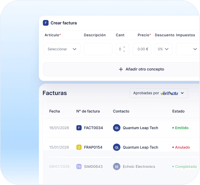 Interfaz de creación de facturas electrónicas mostrando gestión de artículos, descuentos e impuestos, junto con un listado de facturas emitidas y su estado