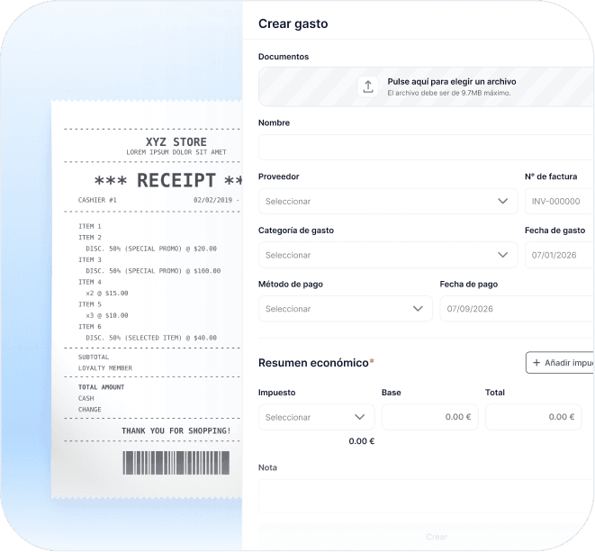 Interfaz de control de gastos mostrando formulario de registro de tickets con categorías, métodos de pago y fecha, junto con resumen económico del gasto